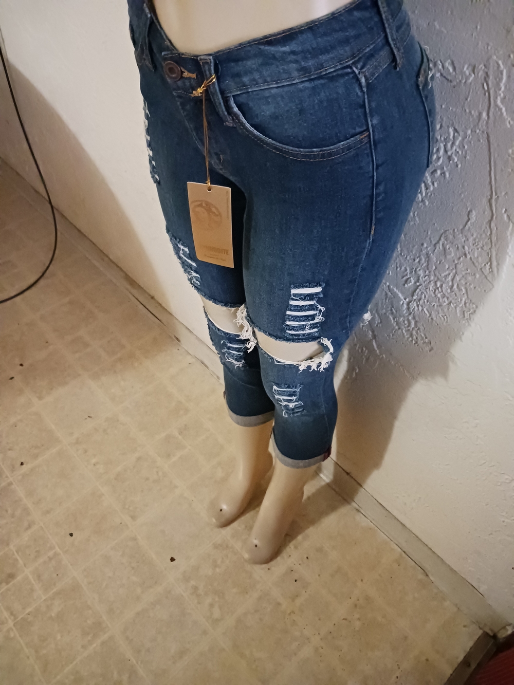 Aphrodite Dark Blue Distressed Cropped Jeans